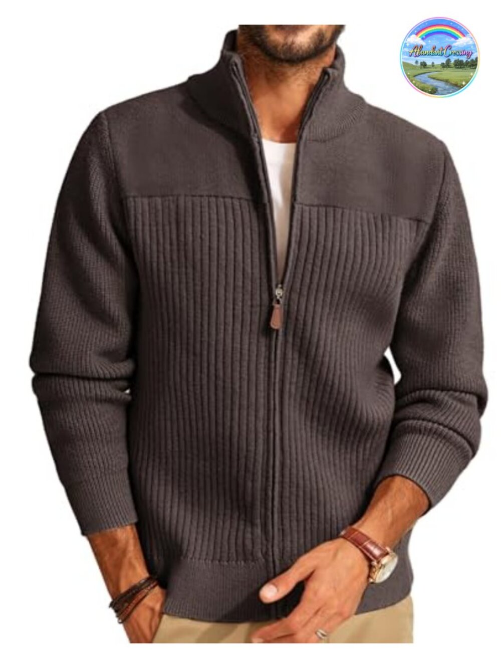 Mens Ribbed Knit Full Zip Cardigan Sweater Mock Neck Heavyweight Stretchable